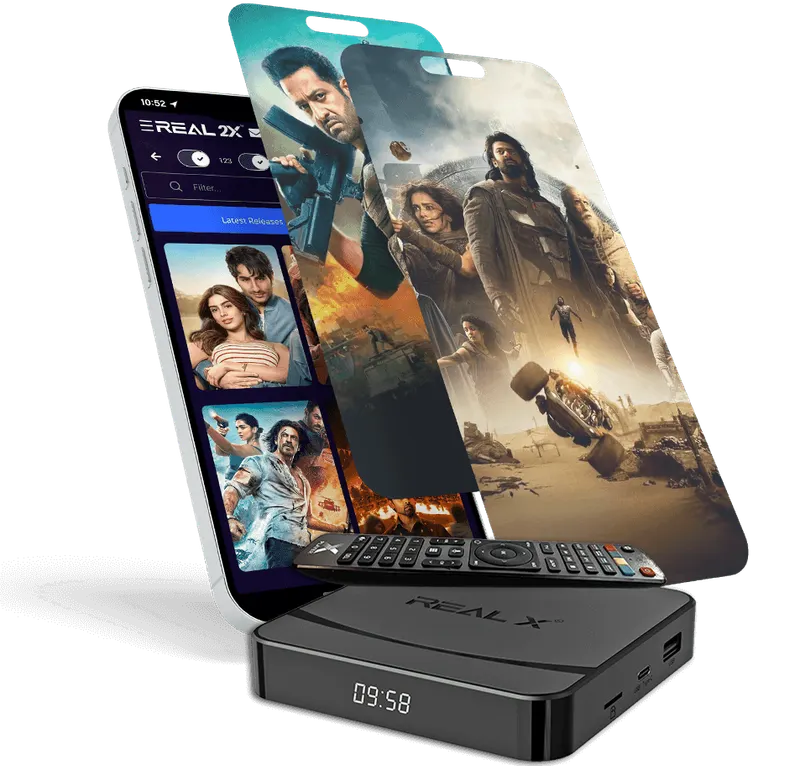 Real 2X app on a smartphone alongside the Real X television box
